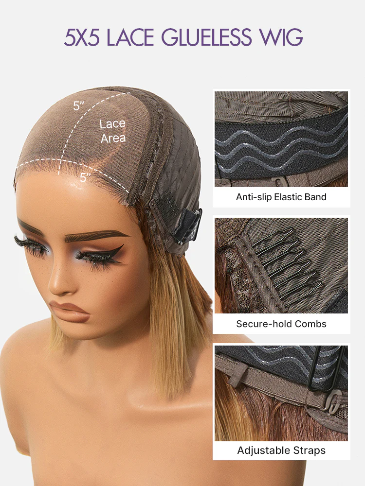 Honey Blonde Face-Framing Highlights Blow Out Layered Cut Glueless 5x5 Closure Lace Bob Wig Pre-cut Lace - Image 8