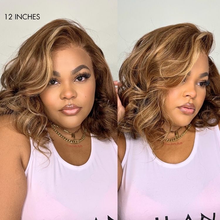 PreMax Wigs - Honey Brown with Blonde Highlights / Natural Black Bouncy Body Wave Glueless 13x4 Frontal Lace Human Hair Wig - Image 4