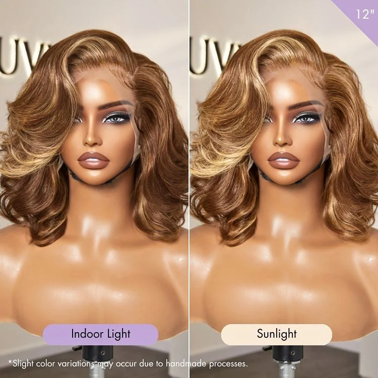 PreMax Wigs - Honey Brown with Blonde Highlights / Natural Black Bouncy Body Wave Glueless 13x4 Frontal Lace Human Hair Wig - Image 8