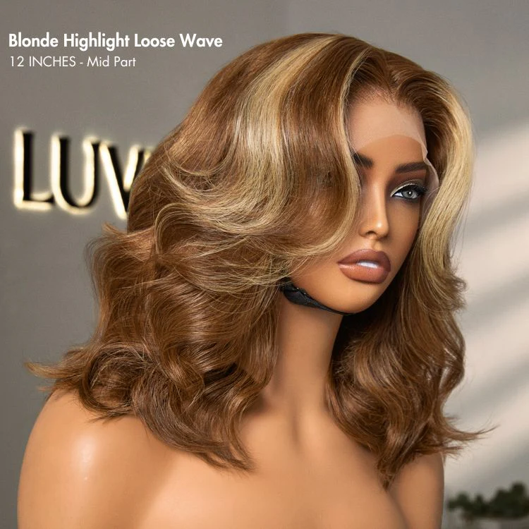 Honey Blonde Highlight Middle Part Bouncy Loose Wave Glueless 13x4 Frontal Lace Human Hair Wig - Image 3