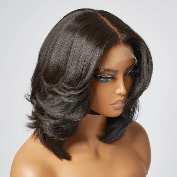 Natural Black Handcraft Layered 5x5 Closure HD Lace Glueless Short Wig - Image 2