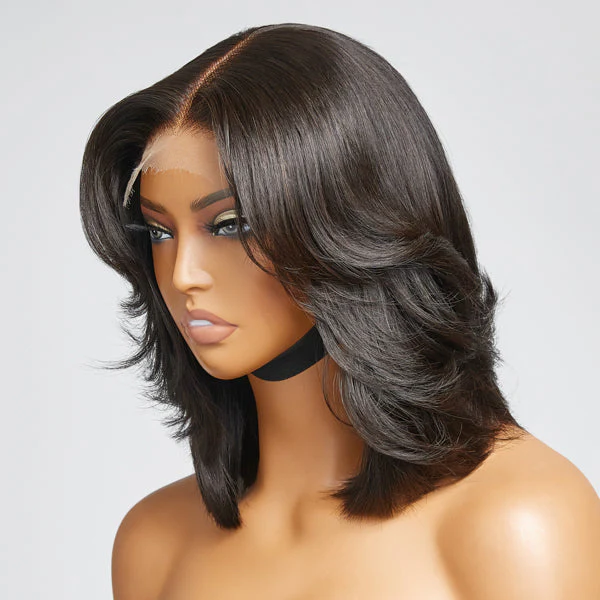 Natural Black Handcraft Layered 5x5 Closure HD Lace Glueless Short Wig - Image 4