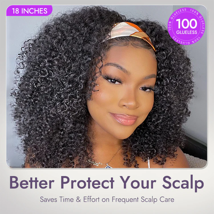 Natural Black Jerry Curly No Lace Glueless Free Part Long Headband Wig 100% Human Hair (Get Free Trendy Headbands) - Image 5