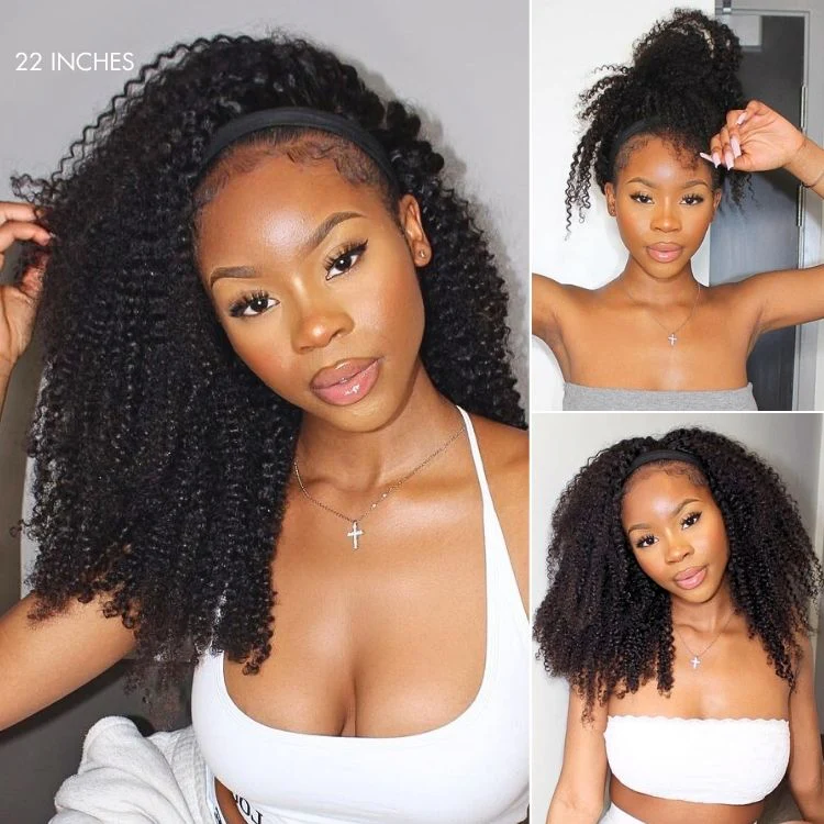 Natural Black Jerry Curly No Lace Glueless Free Part Long Headband Wig 100% Human Hair (Get Free Trendy Headbands) - Image 7