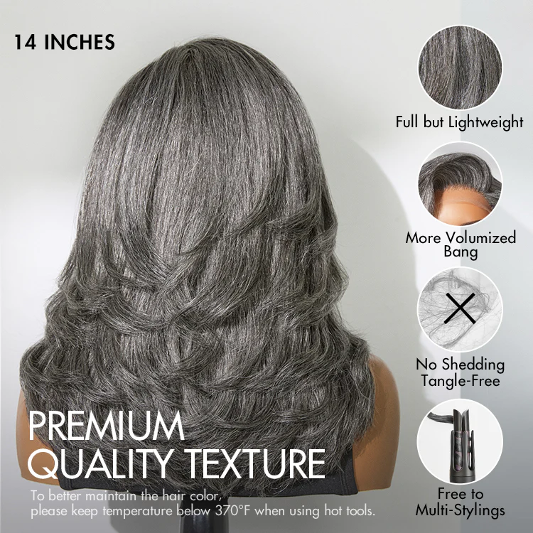 Layered Blowout Salt and Pepper Glueless Grey Wig Minimalist HD Lace Shoulder Length Wavy Wig - Image 10