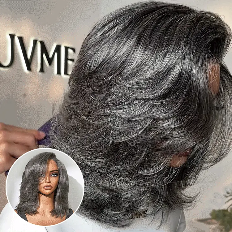 Layered Blowout Salt and Pepper Glueless Grey Wig Minimalist HD Lace Shoulder Length Wavy Wig - Image 3