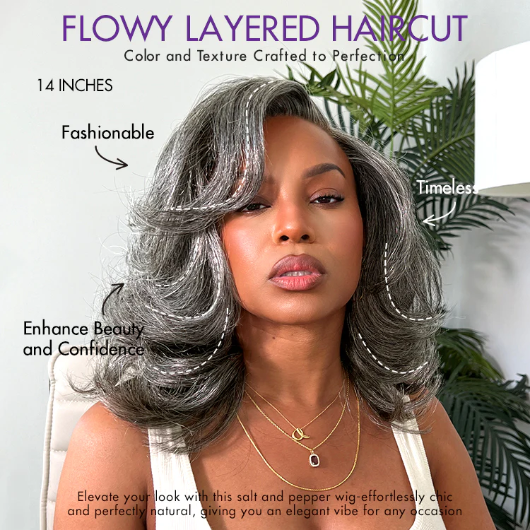 Layered Blowout Salt and Pepper Glueless Grey Wig Minimalist HD Lace Shoulder Length Wavy Wig - Image 4