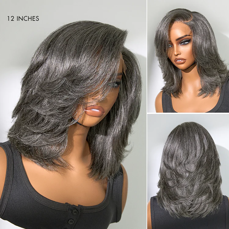 Layered Blowout Salt and Pepper Glueless Grey Wig Minimalist HD Lace Shoulder Length Wavy Wig - Image 6