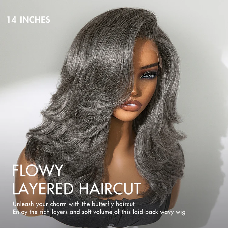 Layered Blowout Salt and Pepper Glueless Grey Wig Minimalist HD Lace Shoulder Length Wavy Wig - Image 7