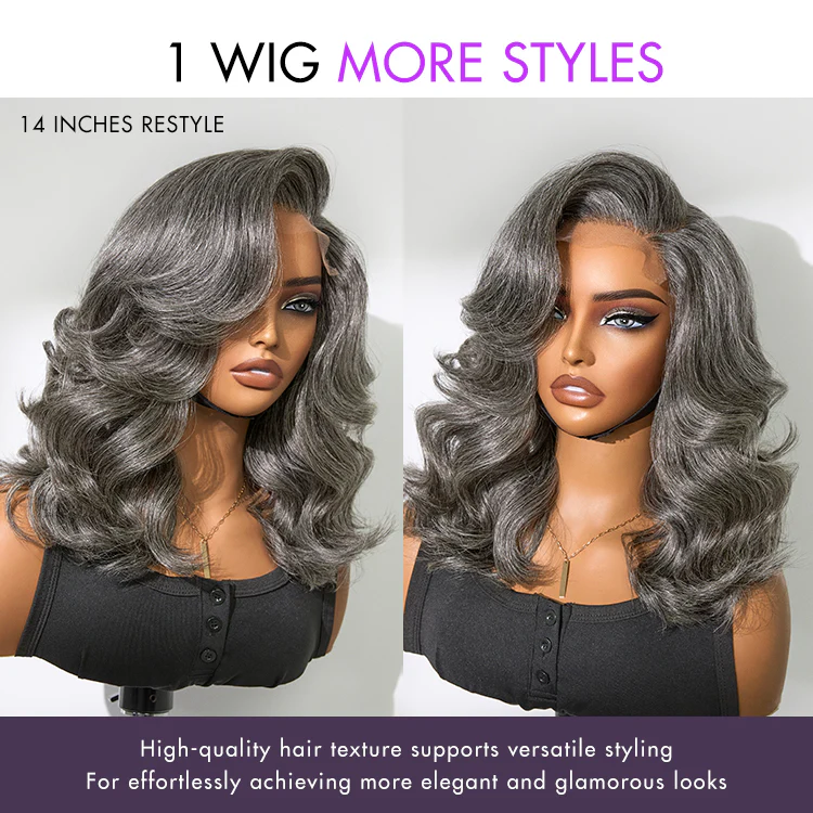 Layered Blowout Salt and Pepper Glueless Grey Wig Minimalist HD Lace Shoulder Length Wavy Wig - Image 8