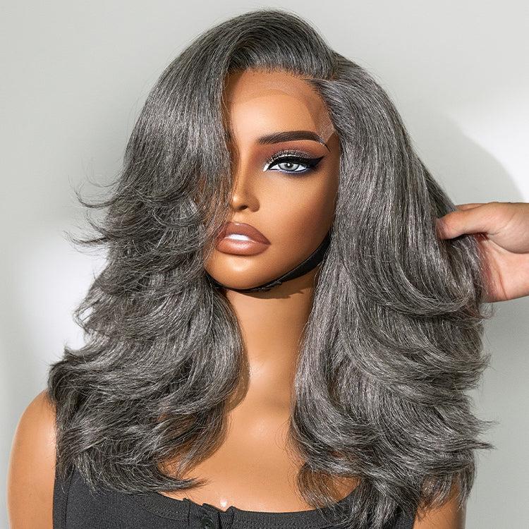 Layered Blowout Salt and Pepper Glueless Grey Wig Minimalist HD Lace Shoulder Length Wavy Wig - Image 9