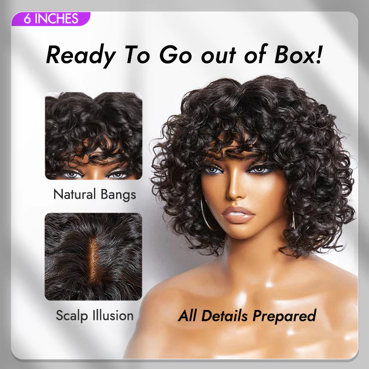 Light Weight Short Cut Water Wave Glueless Minimalist Lace Wig with Curly Bangs - US Only - Image 3