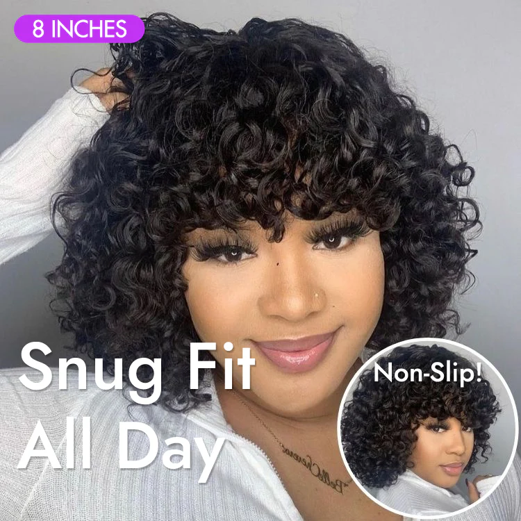 Light Weight Short Cut Water Wave Glueless Minimalist Lace Wig with Curly Bangs - US Only - Image 5