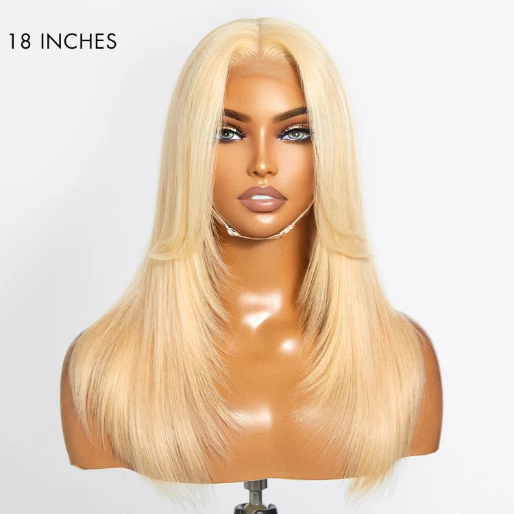 613 Blonde Curtain Bangs Layered Cut Glueless 5x5 Closure HD Lace Wig - Image 5