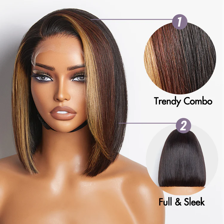 Brown Blonde Combo Highlight Straight Glueless 5x5 Closure HD Lace Bob Wig | Large & Small Cap Size - Image 4