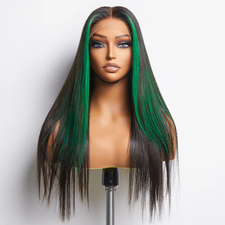 Green Highlight Silky Straight Glueless 5x5 Closure Lace Wig | Large & Small Cap Size - Image 2