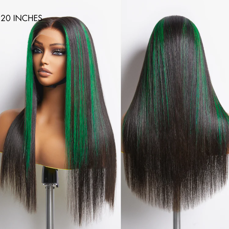 Green Highlight Silky Straight Glueless 5x5 Closure Lace Wig | Large & Small Cap Size - Image 4