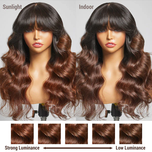 Letitia Chestnut Brown Ombre Loose Body Wave With Blunt Bangs 5x5 Closure Lace Glueless Wig | Large & Small Cap Size - Image 3