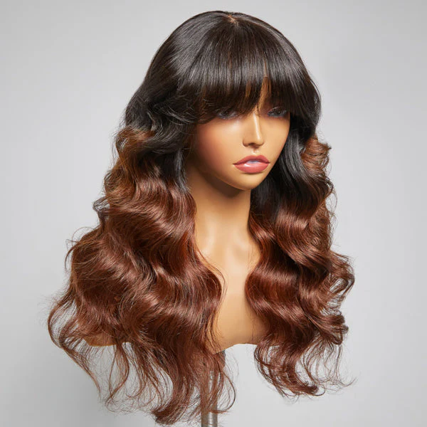 Letitia Chestnut Brown Ombre Loose Body Wave With Blunt Bangs 5x5 Closure Lace Glueless Wig | Large & Small Cap Size - Image 4