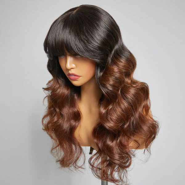 Letitia Chestnut Brown Ombre Loose Body Wave With Blunt Bangs 5x5 Closure Lace Glueless Wig | Large & Small Cap Size - Image 5