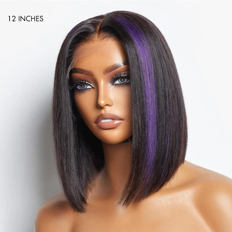 Purple Highlights Glueless 5x5 Closure HD Lace Bob Wig | Large & Small Cap Size - Image 2