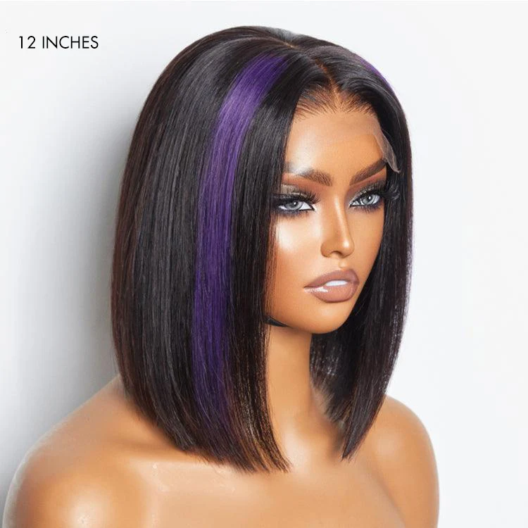 Purple Highlights Glueless 5x5 Closure HD Lace Bob Wig | Large & Small Cap Size - Image 3