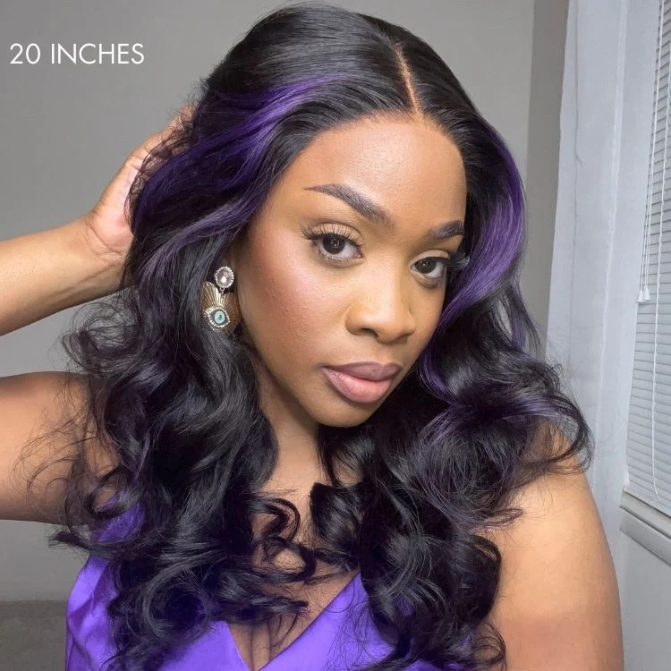 Purple Highlights Mid Part Loose Wave Glueless 5x5 Closure HD Lace Wig - Image 2