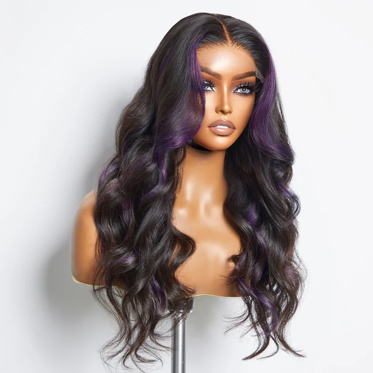 Purple Highlights Mid Part Loose Wave Glueless 5x5 Closure HD Lace Wig - Image 3