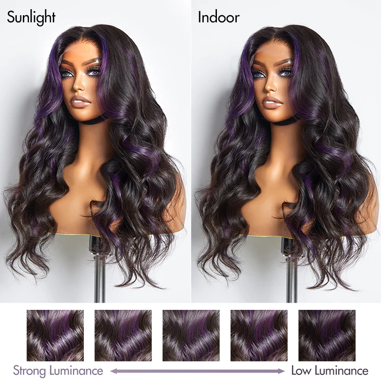 Purple Highlights Mid Part Loose Wave Glueless 5x5 Closure HD Lace Wig - Image 5