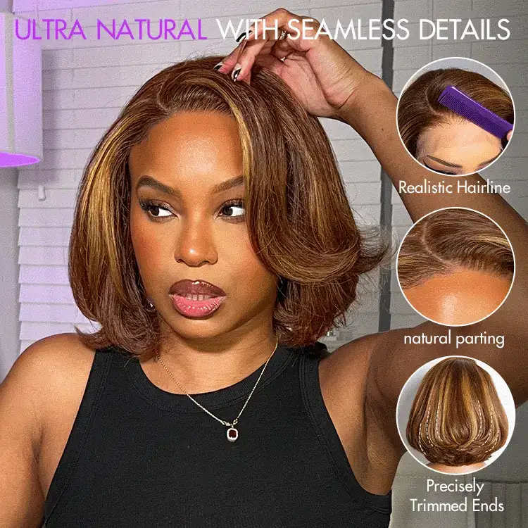 Limited Design | Toffee Brown Mix Blonde / Natural Black Layered Cut Glueless 5x5 Closure Lace Bob Wig - Image 4
