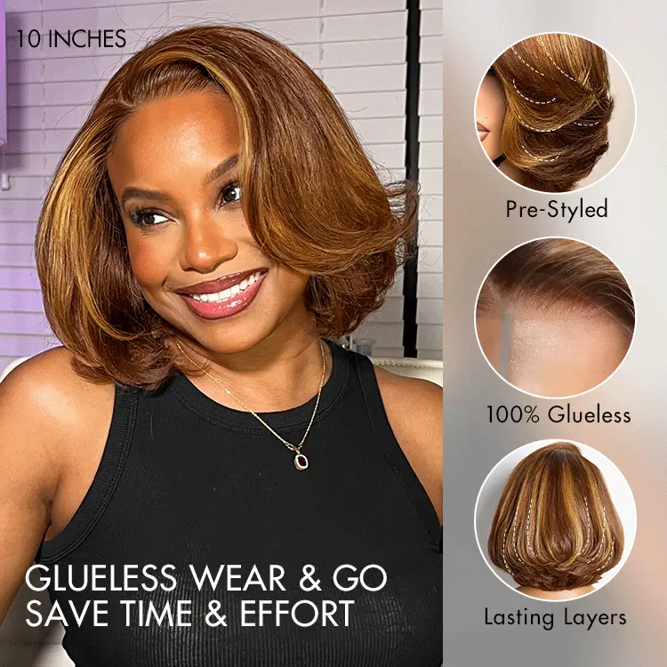 Limited Design | Toffee Brown Mix Blonde / Natural Black Layered Cut Glueless 5x5 Closure Lace Bob Wig - Image 8