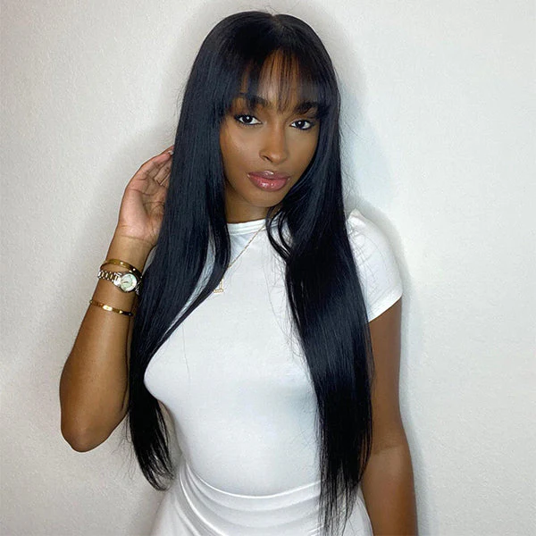 Long Silky Bone Straight Lace 4x4 Closure Wig With Bangs - Image 3