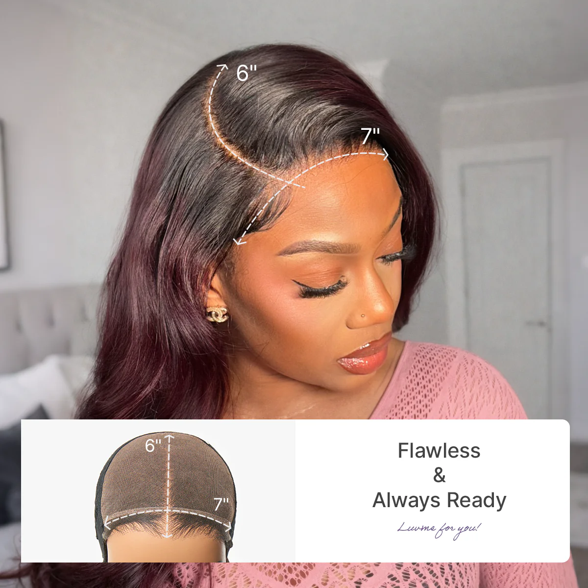 Luvme All-Day Comfort Wig 180% Density Rich Dark Plum Loose Body Wave PartingMax Glueless 7x6 Closure HD Lace Wig Pre-Cut Lace - Image 9