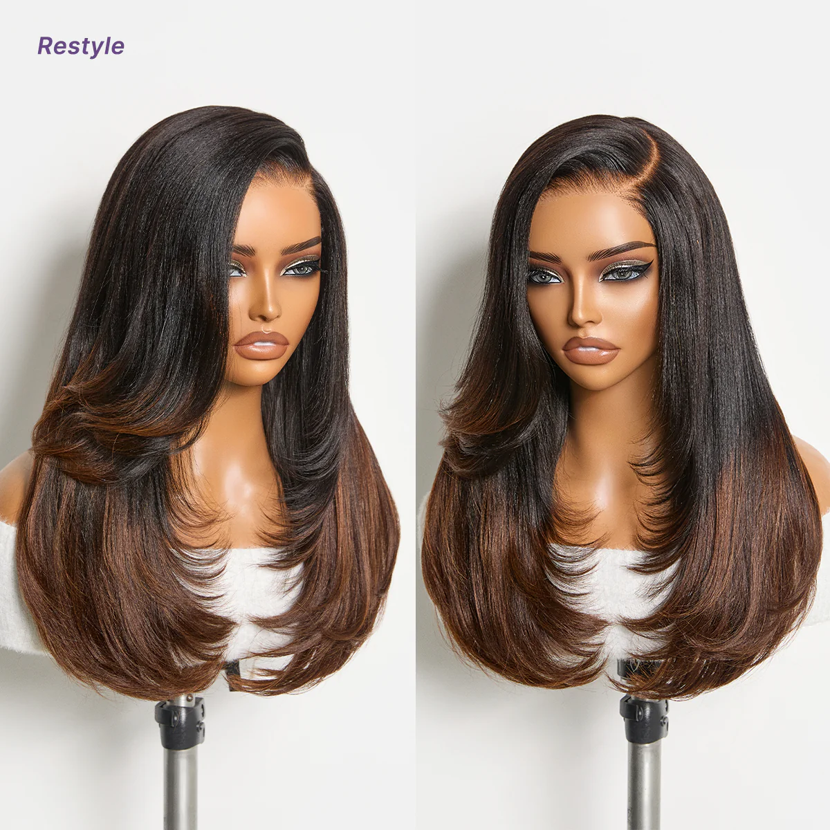 Luvme All-Day Comfort™ Wig 180% Density Ombre Brown Butterfly Cut Layered Light Yaki Straight Glueless 7x6 Closure HD Lace Human Hair Wig Pre-Cut Lace - Image 3
