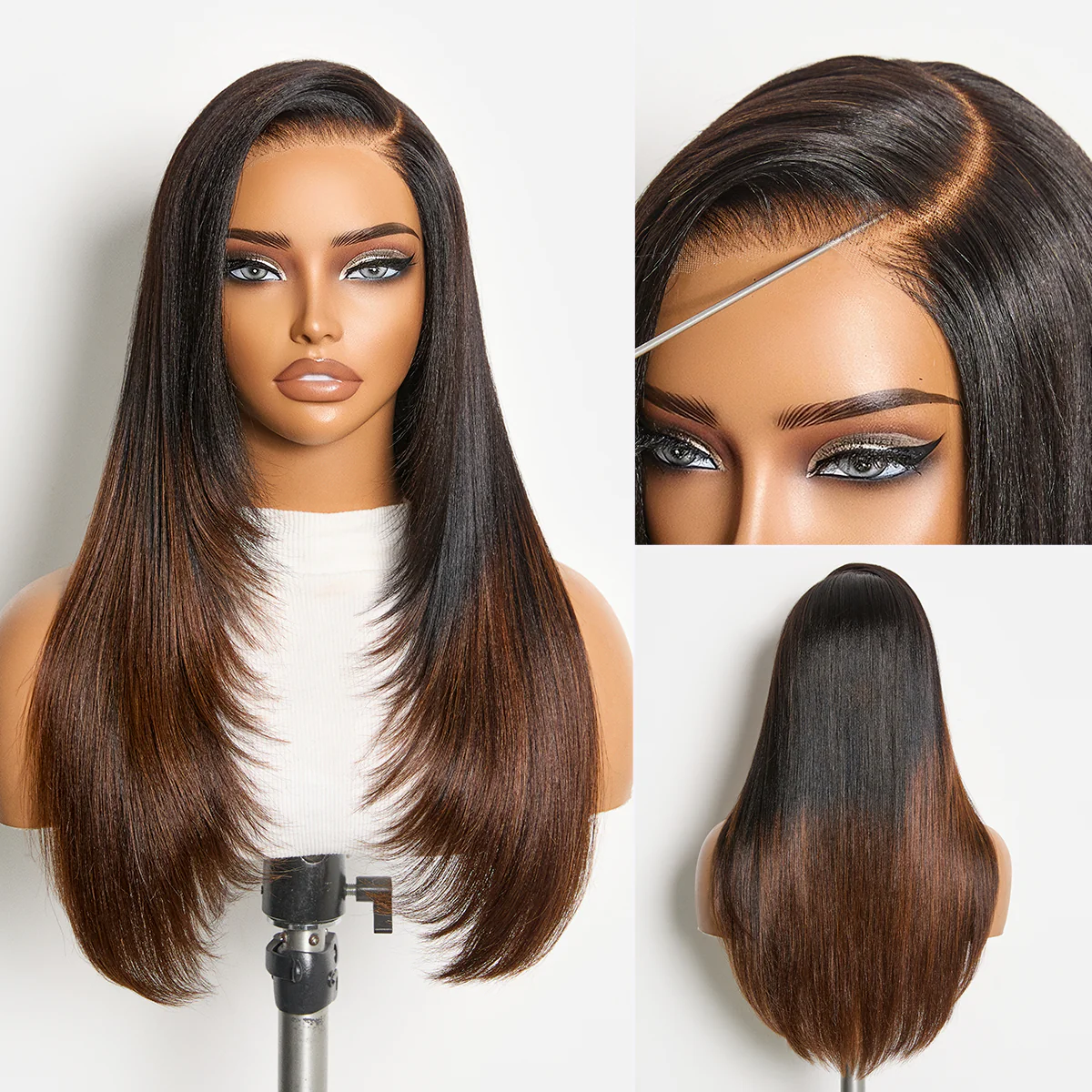 Luvme All-Day Comfort™ Wig 180% Density Ombre Brown Butterfly Cut Layered Light Yaki Straight Glueless 7x6 Closure HD Lace Human Hair Wig Pre-Cut Lace - Image 4