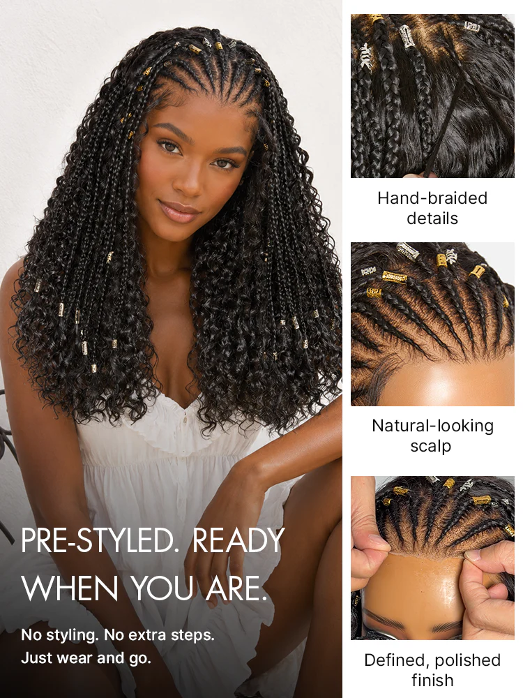 Natural Black Boho Cornrow Braids 13x4 Frontal Lace Deep Curly Long Wig Pre-cut Lace - Image 4