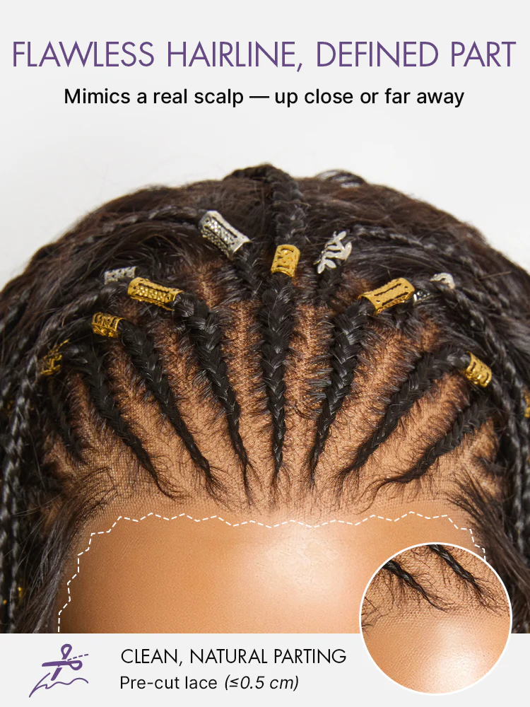 Natural Black Boho Cornrow Braids 13x4 Frontal Lace Deep Curly Long Wig Pre-cut Lace - Image 6