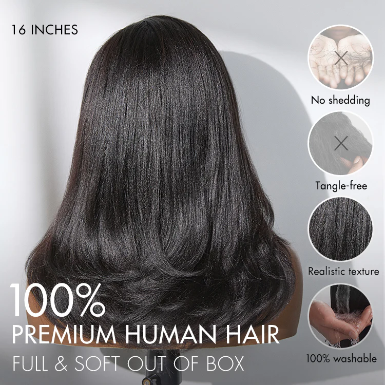 Natural Look Yaki Texture Layered Bangs Bob Wig Glueless Minimalist HD Lace Human Hair Wig Pre-Cut Lace - Image 7
