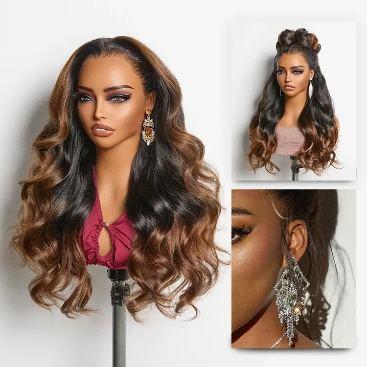 NatureMAX™ 200% Density Ombre Brown / Natural Black Loose Wave Glueless 13x6 / 13x4 HD Lace Front Wig Human Hair Pre-Cut Lace Flexi-Fit Drawstring Cap - Image 13