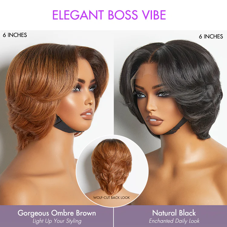 New Customers Only | 1 SEC INSTALL WIG | Elegant Boss Vibe Short Pixie Cut Natural Black / Ombre Brown Glueless Minimalist HD Lace Wig Pre Cut Lace - Image 13