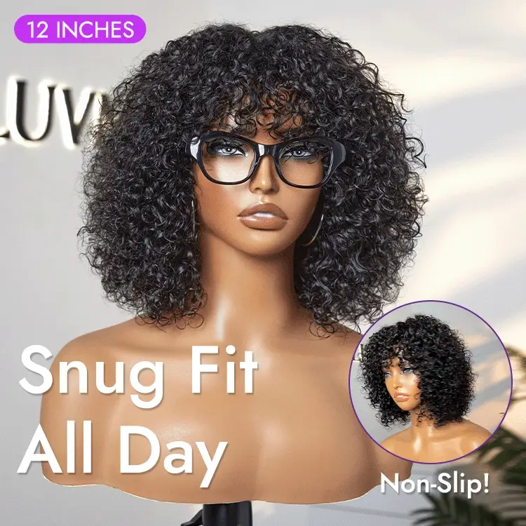 New Customers Only | Beginner Friendly Water Wave Minimalist Lace Glueless Short Curly Wig with Bangs - Image 10