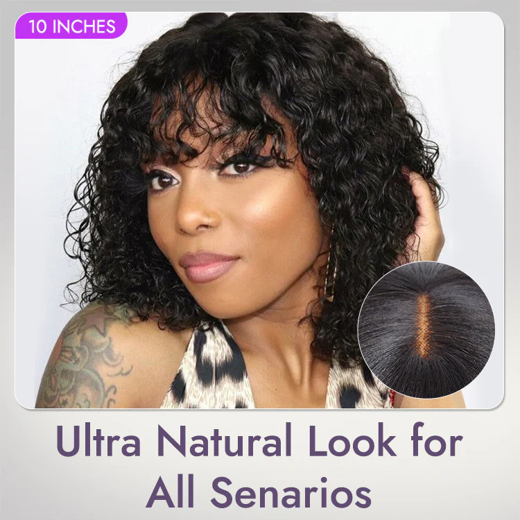 New Customers Only | Beginner Friendly Water Wave Minimalist Lace Glueless Short Curly Wig with Bangs - Image 4