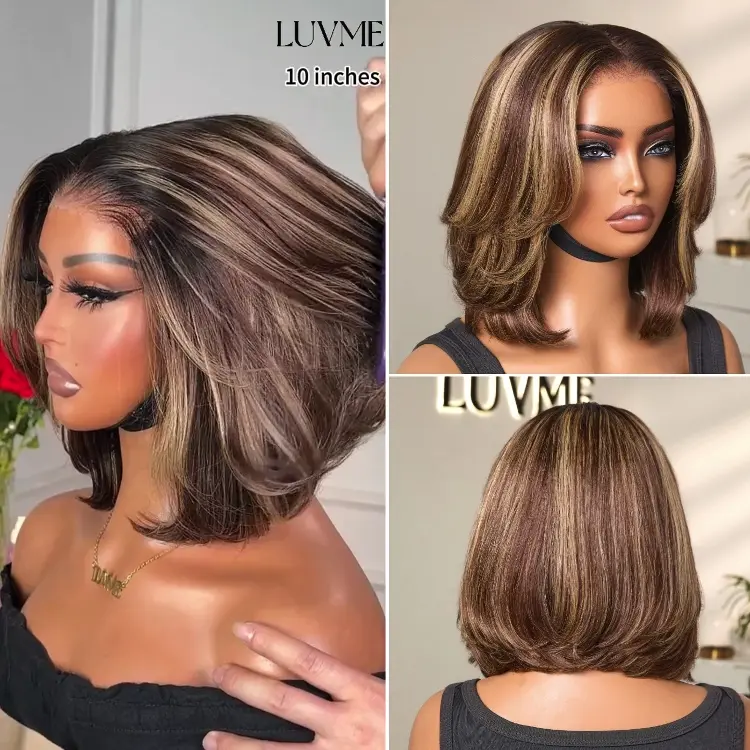 New Customers Only | Blonde Highlight / Brown Highlight Short Layered Bob Wig Glueless 5x5 Closure Pre-Cut Lace Wig - Image 3