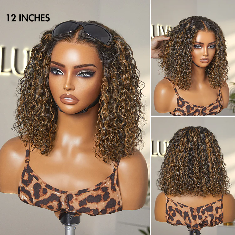 New Customers Only | Brown Highlight / Natural Black / Blonde Highlight Deep Curly Glueless 5x5 Closure Pre-Cut Lace Wig - Image 17