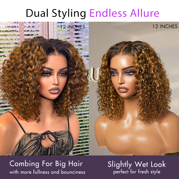 New Customers Only | Brown Highlight / Natural Black / Blonde Highlight Deep Curly Glueless 5x5 Closure Pre-Cut Lace Wig - Image 3