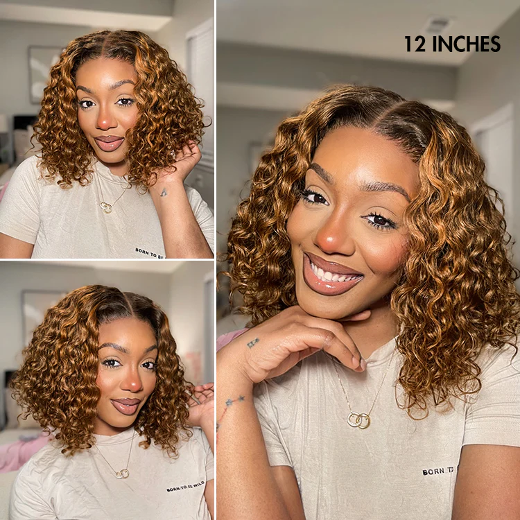 New Customers Only | Brown Highlight / Natural Black / Blonde Highlight Deep Curly Glueless 5x5 Closure Pre-Cut Lace Wig - Image 5