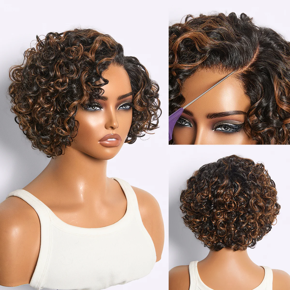 New Customers Only | Brown Highlight Water Wave Pixie Cut Glueless Minimalist HD Lace Short Curly Wig