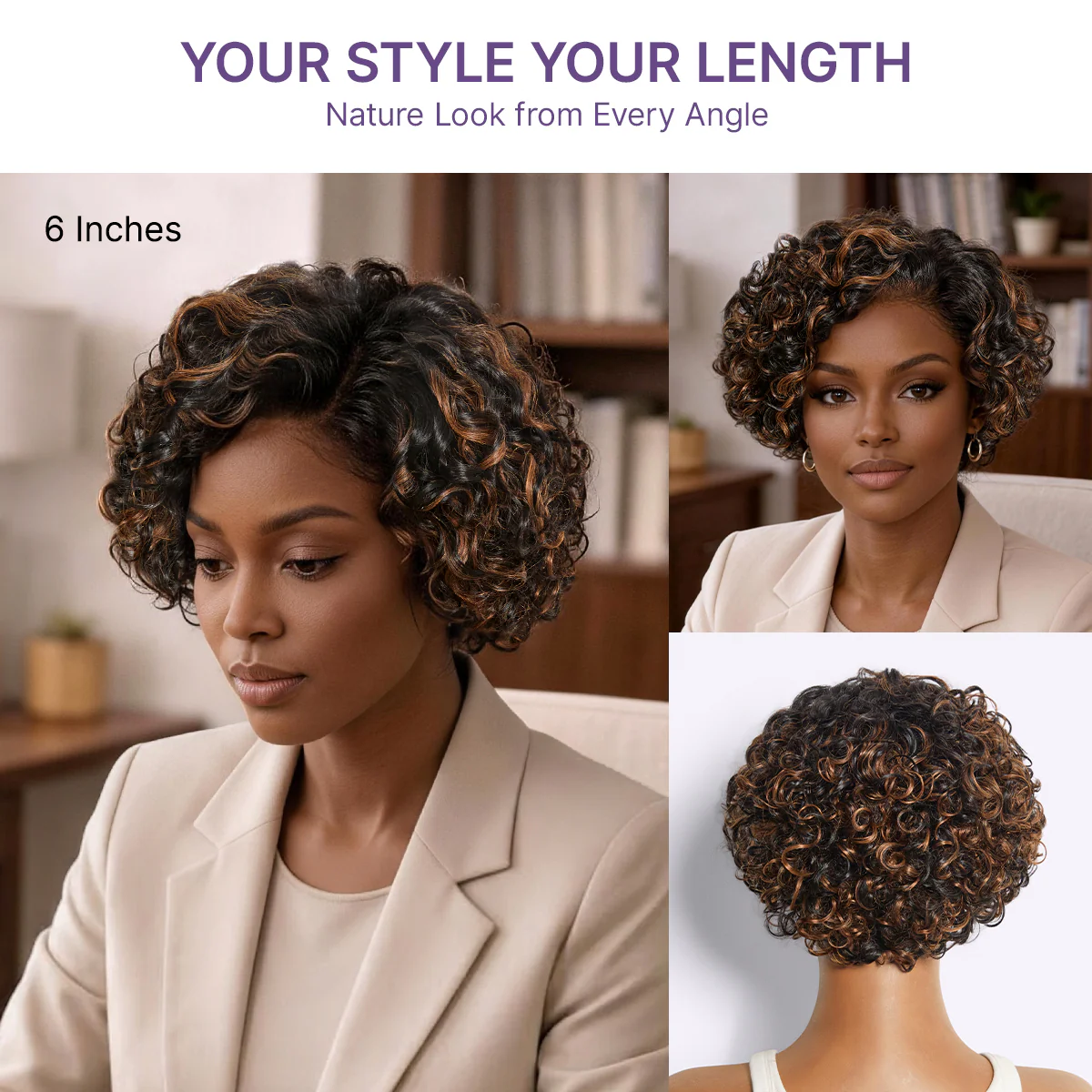 New Customers Only | Brown Highlight Water Wave Pixie Cut Glueless Minimalist HD Lace Short Curly Wig - Image 4