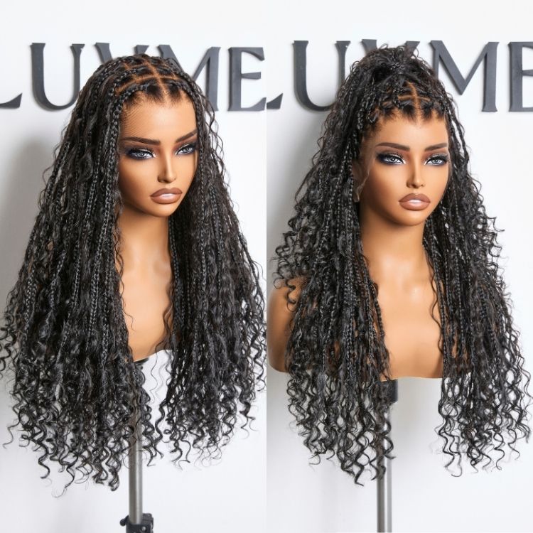 New Customers Only | Light Weight Flexi-Fit Invisi Drawstring Cap Full Lace Knotless Boho Curls Braided Long Wig Super Natural Scalp - Image 4