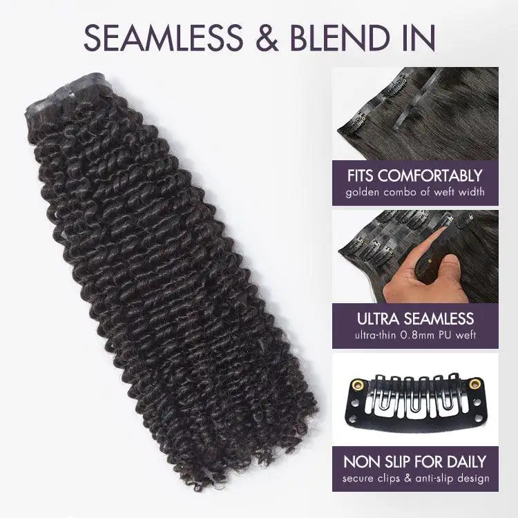 New Customers Only | Kinky Curly Seamless Clip in Extensions Human Hair with Free Gift - Image 3